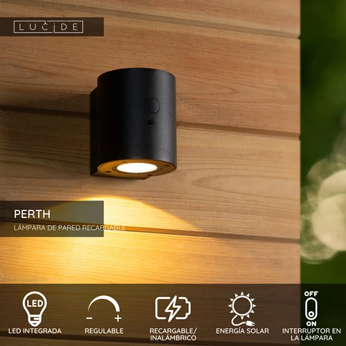 Lucide PERTH - Lámpara de pared - Energía solar - Ø 9 cm - LED Regul. - 1x1W 2850K/3150K - IP65 - Sensor movimiento & día/noche - Negro - USP
